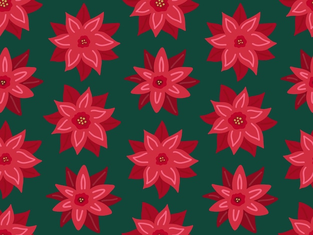 Poinsettia Christmas Star Czerwony Kwiat Bezszwowe Tło Wzór Proste Ręcznie Rysowane Płaskie Doodle