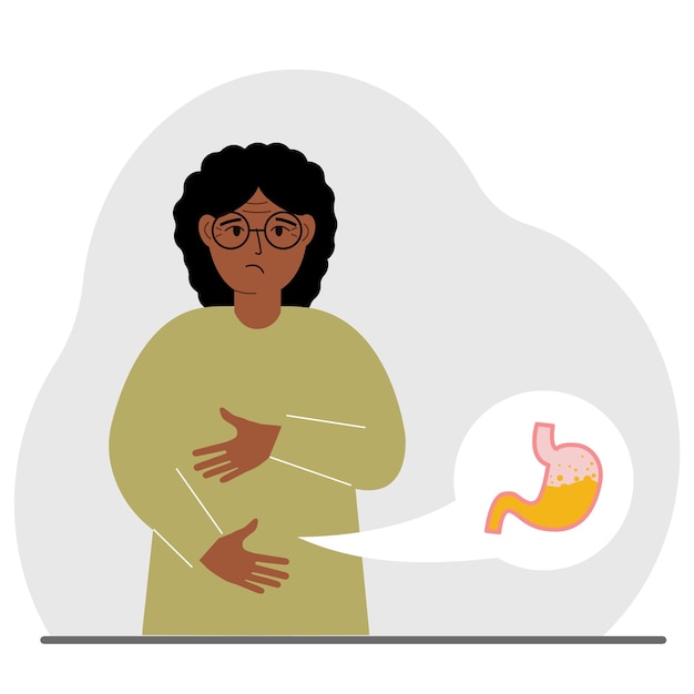 Plik wektorowy pojęcie bólu brzucha kobieta trzyma obiema rękami za brzuch problemy z żołądkiem lub trawieniem