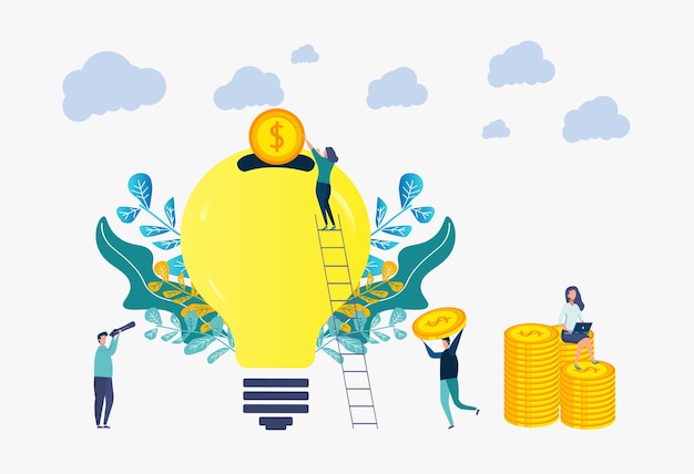 Pojęcie Crowdfundingu I Inwestowania W Pomysł Lub Założenia Firmy Kolorowa Ilustracja Ludzie Inwestują Pomysł Na Biznes