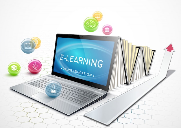 Pojęcie E-learningu. Edukacja Online. Laptop Jako Ebook. Zdobycie Wykształcenia. Ilustracja.