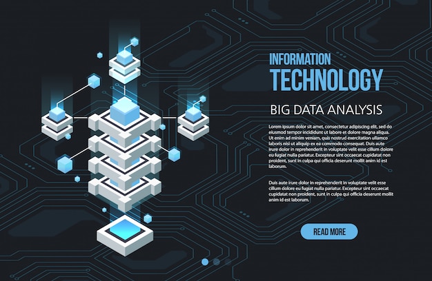 Pojęcie Przetwarzania Dużych Danych, Izometrycznego Centrum Danych, Przetwarzania I Przechowywania Informacji Wektorowych. Kreatywnie Ilustracja Z Abstrakcjonistycznymi Geometrycznymi Elementami.