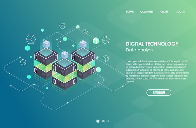 Pojęcie przetwarzania dużych danych, izometrycznego centrum danych, przetwarzania i przechowywania informacji wektorowych. Kreatywnie ilustracja z abstrakcjonistycznymi geometrycznymi elementami.