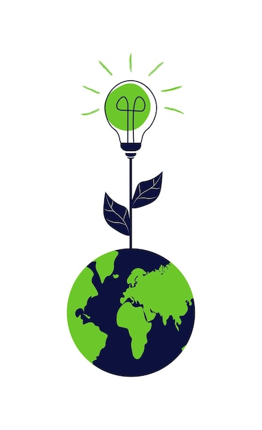 Pojęcie Zielonej Energii Na Planecie. Ekologia żarówki. Zielone Technologie. Ilustracja Wektorowa W Stylu Płaski.