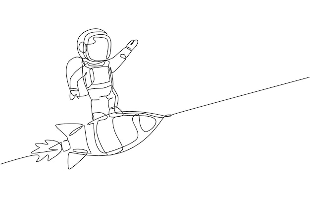 Pojedyncza ciągła linia rysująca astronautę w skafandrze kosmicznym lecącego w kosmosie, stojącego na statku kosmicznym