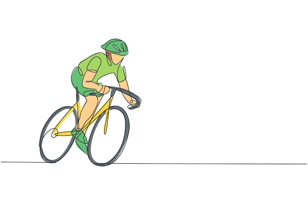 Plik wektorowy pojedyncza ciągła linia rysująca młodego, zwinnego mężczyznę, rowerzystę, który pociąga, aby szybko pedałować na rowerze sportowy styl życia