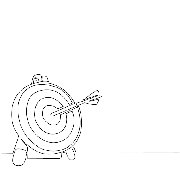 Pojedyncza ciągła linia rysunkowa strzała uderza w cel strzała dokładnie cel wektora dartboard