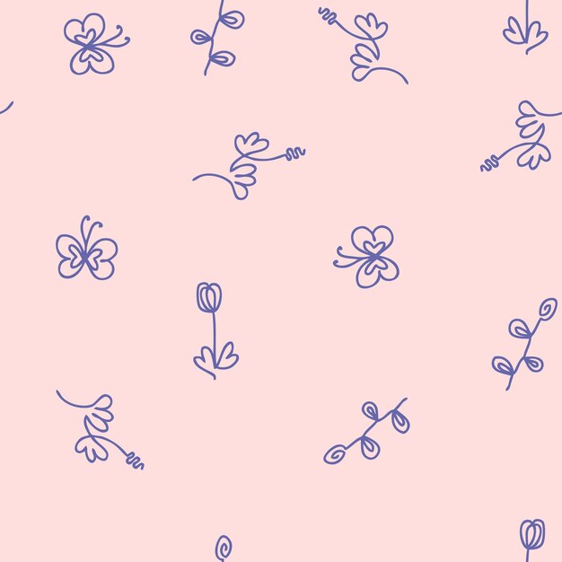 Pojedyncza linia narysowana bezszwowe wzór z kwiatami i motylami Idealna do tkanin i nadruków Tshirt Doodle ilustracji wektorowych do wystroju i projektowania