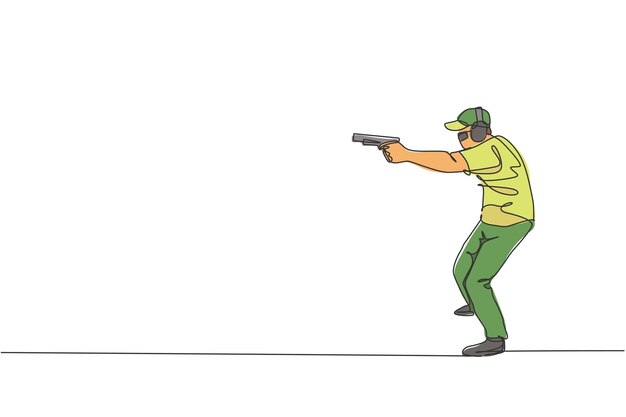 Plik wektorowy pojedynczy ciągły rysunek linii młodego sportowca strzelca trzymającego ilustrację wektorową projektu broni