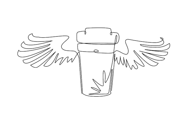 Plik wektorowy pojedynczy ciągły rysunek linii wywozu latający kubek kawy z skrzydłami jednorazowy wektor kartonowy