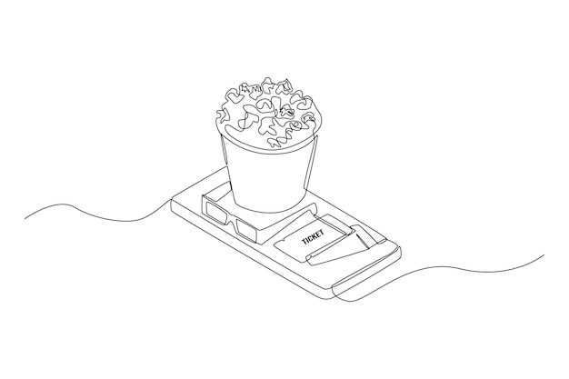 Pojedynczy rysunek linii Popcorn 3d okulary filmowe i bilety do kina na smartfonie Koncepcja biletu online Ciągłe rysowanie linii graficznych ilustracji wektorowych