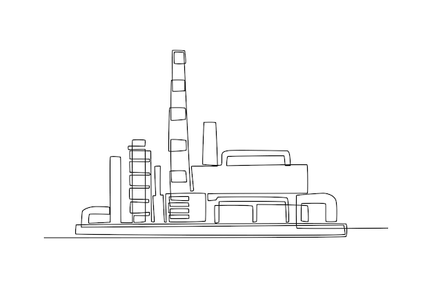 Pojedynczy rysunek linii zarys zakładu przemysłowego Koncepcja architektury fabryki Ciągłe rysowanie linii projekt graficzny ilustracja wektorowa