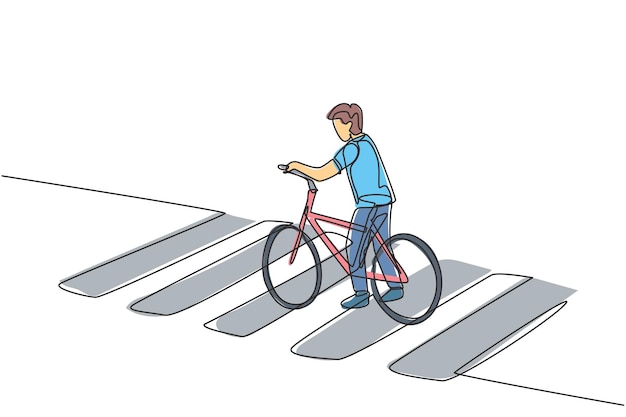 Plik wektorowy pojedynczy rysunek przedstawiający młodego mężczyznę jadącego na rowerze przechodzącego przez przejście dla pieszych na skrzyżowaniu