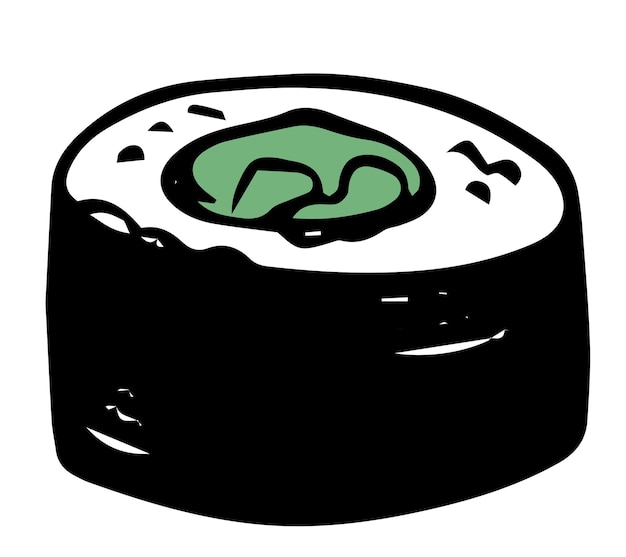 Pojedynczy wektorowy rolek sushi z ogórkiem narysowany ręcznie w stylu doodle widok boczny izolowany na białym tle