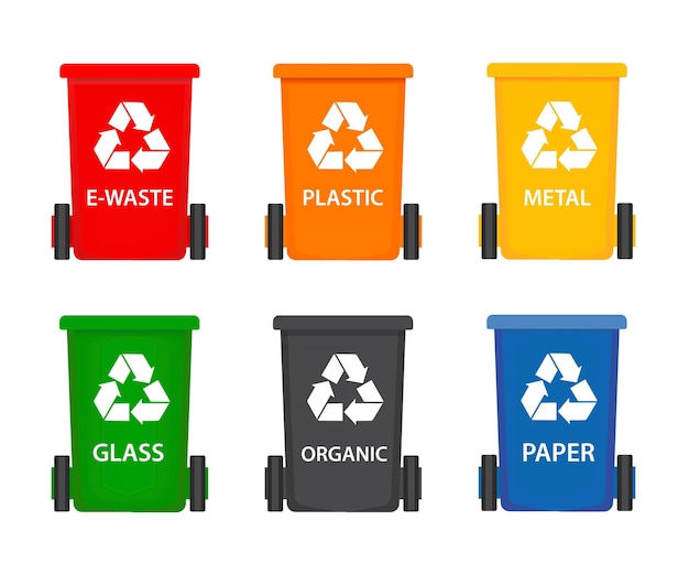 Pojemniki różne rodzaje odpadów EWodpady Plastikowe Szkło Organiczne Papier Metal Ilustracja wektorowa