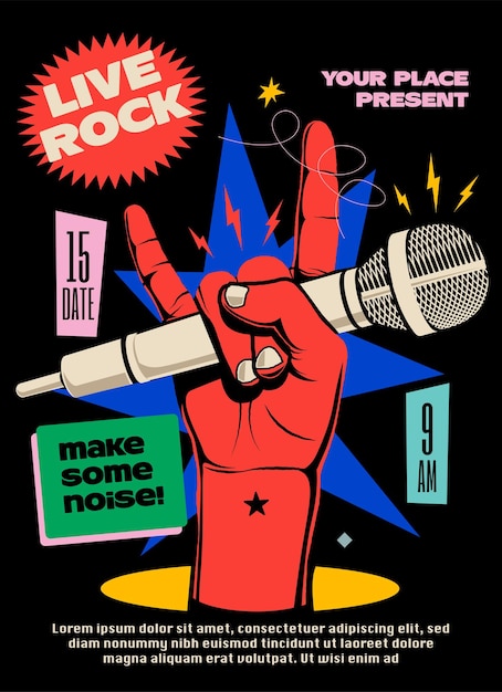 Plik wektorowy pokaz muzyki rockowej na żywo lub koncert lub festiwal plakat lub ulotka lub szablon projektu z czerwoną podniesioną ręką z mikrofonem pokazując gest rogi diabła na czarnym tle ilustracji wektorowych
