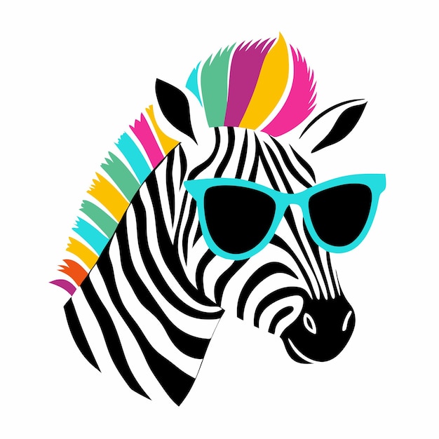 pokazana jest zebra z okularami przeciwsłonecznymi na głowie