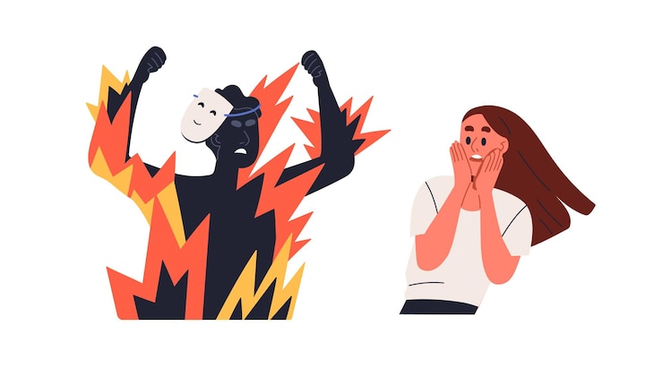 Wektor pokazanie prawdziwej twarzy nienawiści emocji szalony szalony zły człowiek nadużywający ujawniający okrutną gwałtowną nienawiść osobę za fałszywą maską odsłaniającą płaską ilustrację graficzną wektorową izolowaną na białym tle
