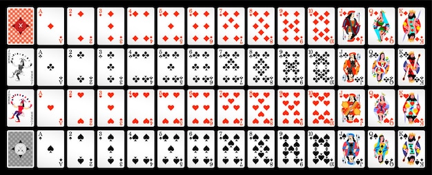 Poker z pojedynczymi kartami na czarnym tle. Karty do gry w pokera, pełna talia.