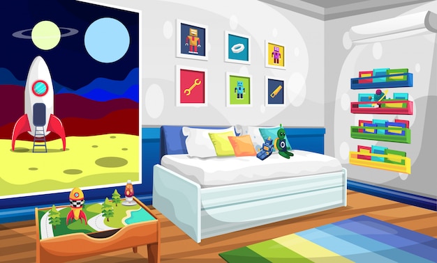 Plik wektorowy pokój dziecięcy z relaksującą sofą, zdjęcie z rakiety, zdjęcie na ścianie robota alien, książki i stół