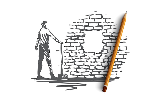 Plik wektorowy pokonywanie, cel, cel, koncepcja osiągnięcia. człowiek z showel stojąc i patrząc na dziurę w ścianie z cegły. ręcznie rysowane szkic ilustracji