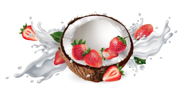 Plik wektorowy pół kokosa i truskawek w odrobinie mleka lub jogurtu na białym tle.