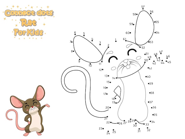 Połącz Kropki I Narysuj Słodkiego Animowanego Szczura. Gra Edukacyjna Dla Dzieci. Ilustracja Wektorowa Z Postaciami Z Kreskówek Zwierząt