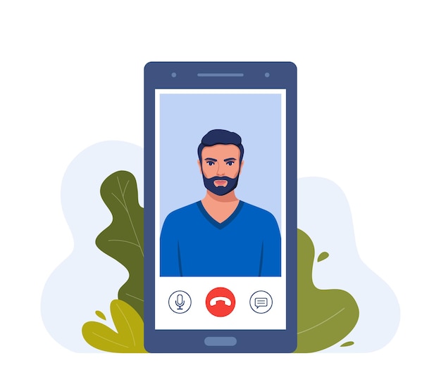 Połączenie Wideo Na Smartfonie Młody Mężczyzna Na Ekranie Smartfona Z Ikonami Połączenia Komunikacja Online