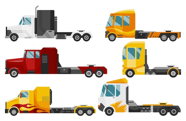 Półciężarówki Ciężarówki Przyczepy Dostawcze Cargo Trukcs Clolorful Zestaw Na Białym Tle Maszyny Dostawcze I Wysyłkowe Do Transportu