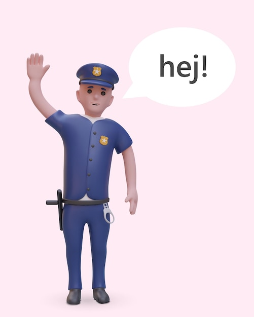 Policjant 3D macha i pozdrawia Chmura dialogu z tekstem
