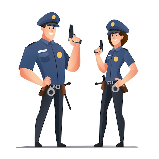 Policjant I Policjantka Policjantka Trzymająca Broń Postaci Z Kreskówek