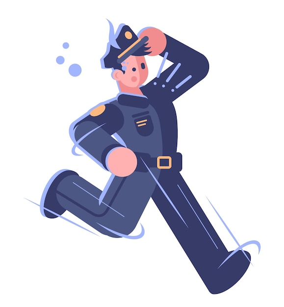 Policjant pracy pół płaski kolor rgb ilustracja wektorowa. Policjant jest w pośpiechu na białym tle postać z kreskówek na białym tle