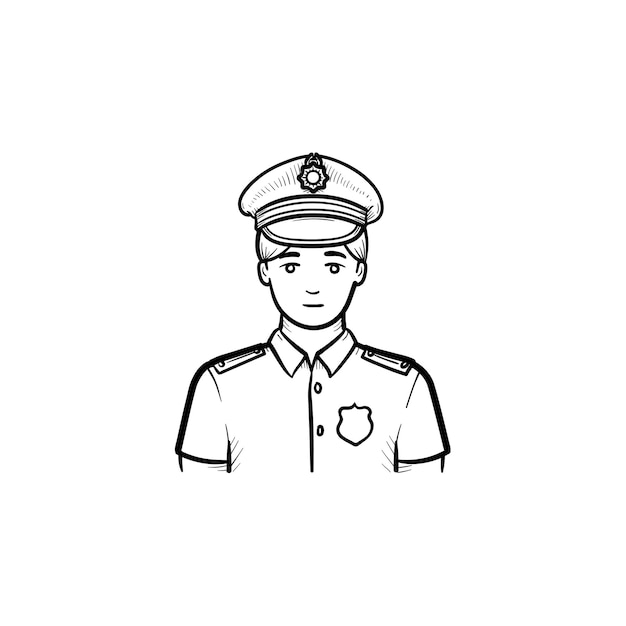 Policjant Ręcznie Rysowane Konspektu Doodle Ikona. Policjant W Mundurze Jako Koncepcja Władzy, Władzy I Patrolu. Szkic Ilustracji Wektorowych Do Druku, Sieci Web, Mobile I Infografiki Na Białym Tle