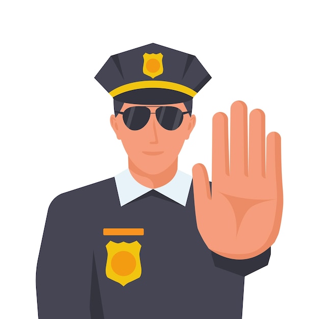 Policjant w formularzu robi znak ręki Stop Kontrola osobista weryfikacja Wektor