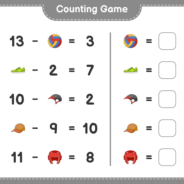 Policz I Dopasuj Liczbę Kasków Rowerowych, Rękawic Bokserskich, Czapki, Czapki, Siatkówki, Tenisówek I Dopasuj Odpowiednie Liczby. Gra Edukacyjna Dla Dzieci Do Wydrukowania Ilustracji Wektorowych Arkusza