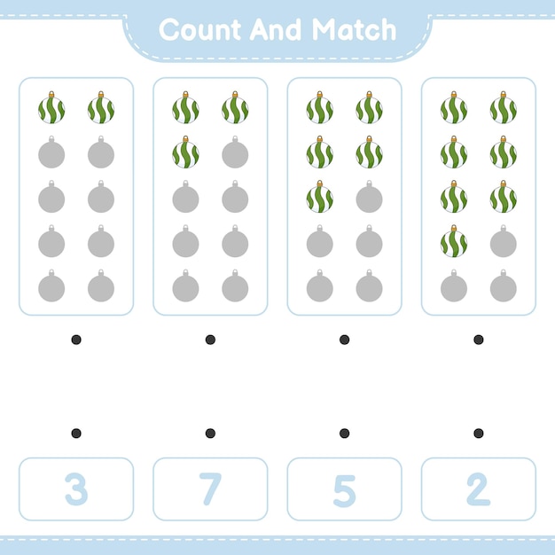 Policz I Dopasuj, Policz Liczbę Christmas Ball I Dopasuj Odpowiednie Liczby. Gra Edukacyjna Dla Dzieci, Arkusz Do Druku, Ilustracja Wektorowa