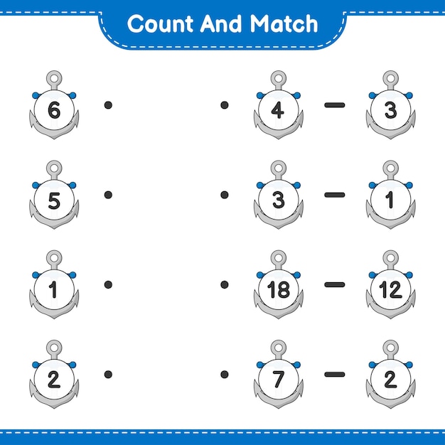 Policz I Dopasuj, Policz Liczbę Kotwicy I Dopasuj Właściwe Liczby. Gra Edukacyjna Dla Dzieci, Arkusz Do Druku, Ilustracja Wektorowa
