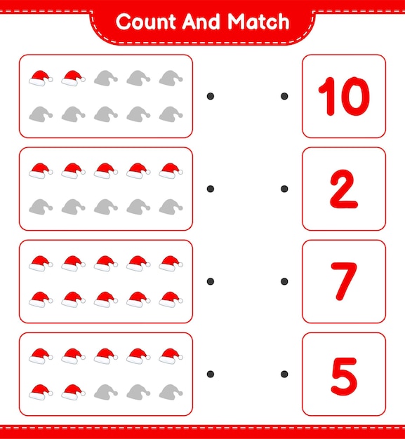 Policz I Dopasuj, Policz Liczbę Santa Hat I Dopasuj Odpowiednie Liczby. Gra Edukacyjna Dla Dzieci, Arkusz Do Druku, Ilustracja Wektorowa