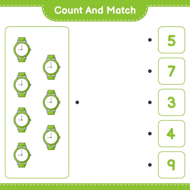 Policz I Dopasuj, Policz Liczbę Zegarków I Dopasuj Odpowiednie Liczby. Gra Edukacyjna Dla Dzieci, Arkusz Do Druku, Ilustracja Wektorowa