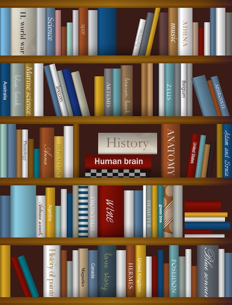 Półka na książki. Ilustracja wektorowa. Księgarnia wewnętrzna.