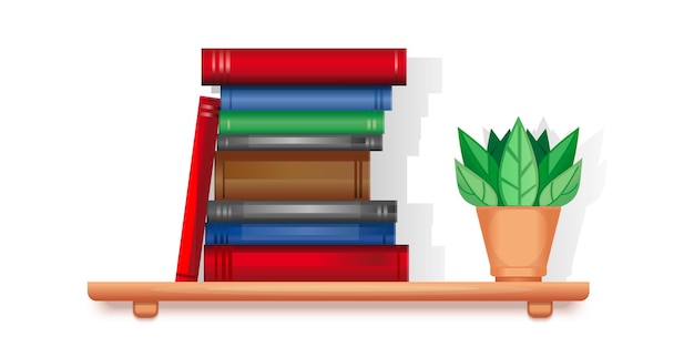 Plik wektorowy półka z książkami i rośliną doniczkową w doniczce. element wewnętrzny drewniany regał. ilustracja wektorowa na białym tle
