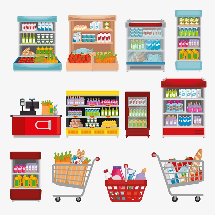 Wektor półki w supermarketach z produktami