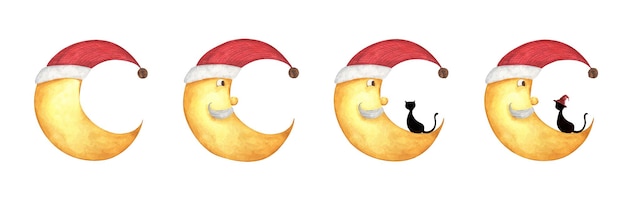 Półksiężyc w czerwonym santa hat brodaty stary człowiek akwarela ilustracja