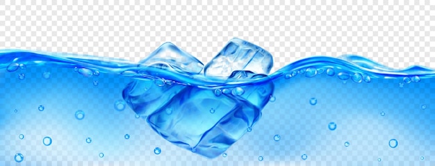 Półprzezroczyste niebieskie kostki lodu unoszące się w wodzie z pęcherzykami powietrza na przezroczystym tle Przejrzystość tylko w formacie wektorowym