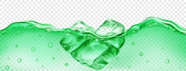 Półprzezroczyste zielone kostki lodu pływające w wodzie z pęcherzykami powietrza na przezroczystym tle Przejrzystość tylko w formacie wektorowym
