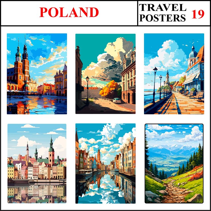 Wektor polska krakow lodz sopot travel poster wall art print collection set część 19
