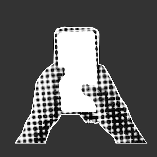 Półtonowy kolaż telefonu komórkowego w rękach na ciemnym tle Modny element retro wycięty z