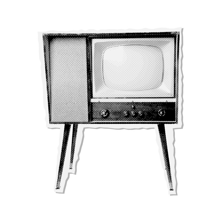 Wektor półtonowy retro urządzenie telewizyjne na nogach vintage telewizor papierowy naklejka kolaż element wektorowy kropkowany