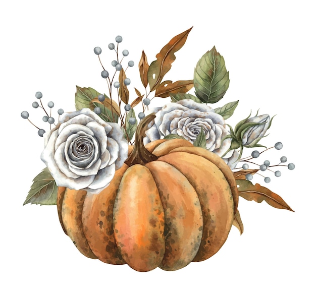 Pomarańczowe dyni białe róże suche jesienne liście i jagody Ręcznie narysowana akwarela ilustracja w vintage stylu botanicznym Odpowiednia do Halloween kartki Święta Dziękczynienia plakaty zaproszenia projekt