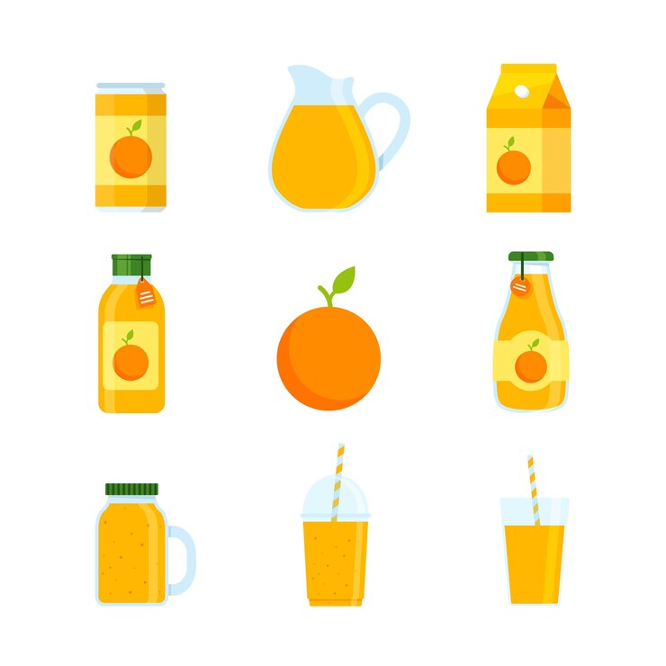 Wektor pomarańczowy napój w canplastic cup i szklany kubek na białym tlejuice and smoothie