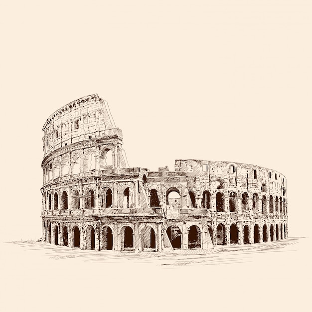 Plik wektorowy pomnik architektury włoskiej koloseum. szkic ołówkiem na beżowym tle.